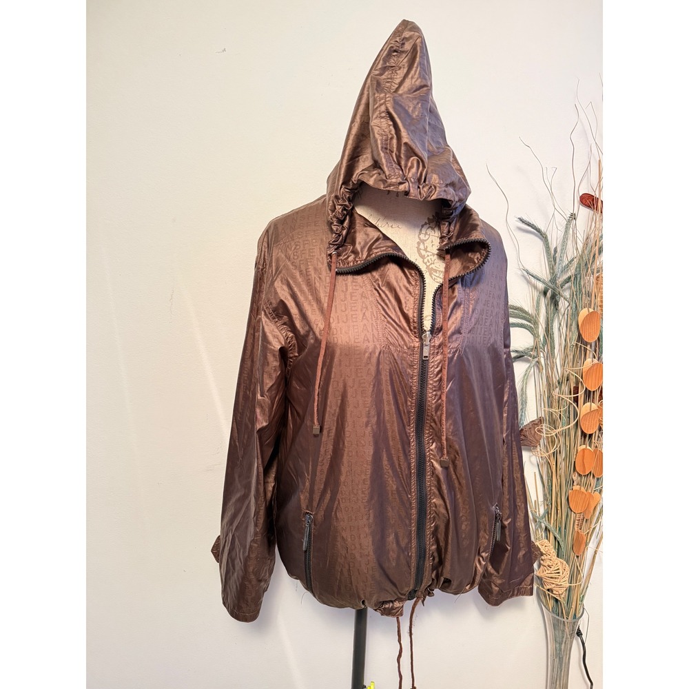 Fendi Jeans Women's Bronze Monogram Logo Windbreaker Hooded Jacket Anti Stress